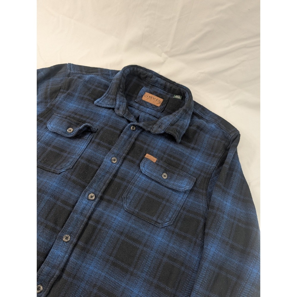 Orvis Shirt Mens XL Heavy Blue Black Plaid Flannel Button Up Long Sleeve Casual